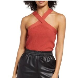 Halogen Ribbed Cross Neck Halter Tank Top XL Coral Summer Vacation NWT